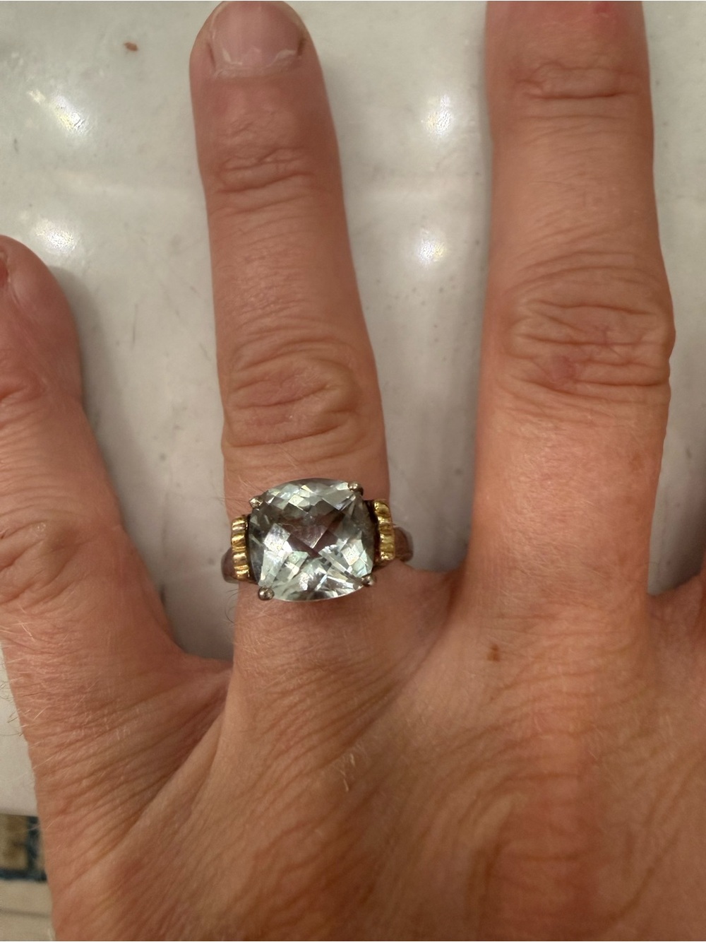 Lorenzo Sterling Silver and 18KY Two-Tone Ring w/ Light Green Quartz Gem
